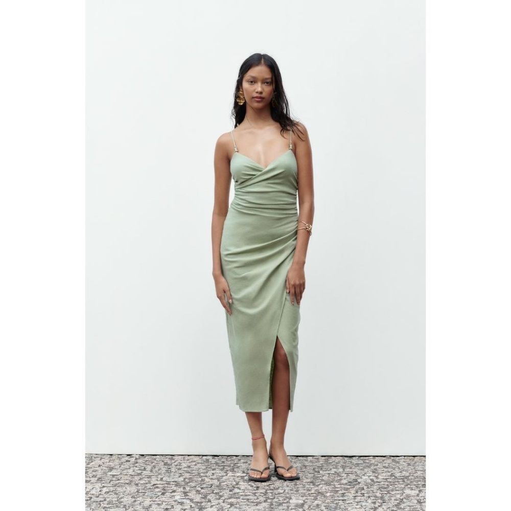 ZARA Beaded Ruched Linen Midi Dress